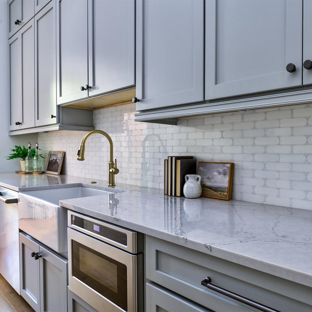 a stone countertop in a remodeled kitchen